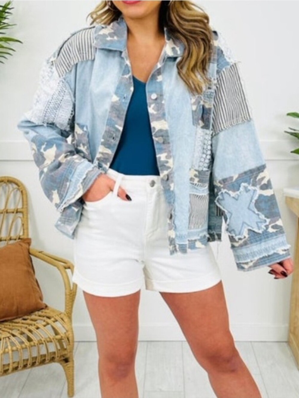 POL Light Blue Patchwork Denim Jacket with Camo Accents